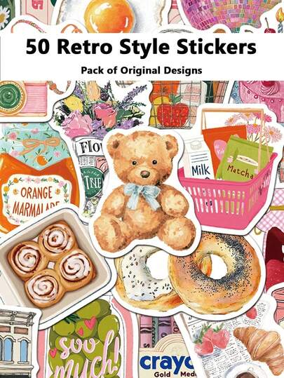 50 miếng dán phong cách retro dùng để trang trí sổ tay, sổ ghi chép, vỏ laptop, vỏ điện thoại và đàn guitar.