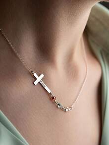 Collier croix personnalisé avec pierre de naissance, croix latérale personnalisée avec pierre de naissance, collier pour femme, collier en or exquis, bijoux de famille personnalisés avec pierre de naissance, cadeau significatif pour la mère - Multicolore - Voir 8
