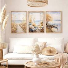3 Stück Aquarell Küsten Strand Leinwandkunst, Strandpromenade Fensterblick Boot Drucke, neutrale Boho Dekoration für Wohnzimmer Schlafzimmer, moderne Küsten Heimdekoration, ohne Rahmen - 821 - Übersicht 5