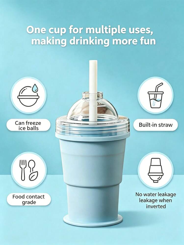 1pc CollapsibleIce Ball Cup, With Straw, ReusableIce Cube Mold Tumbler For Coffee, Iced Drinks, Camping & Office - One Size Fits All - View 2