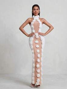 Elegant Sleeveless Halter Neck Long Floral Formal Gown For Cocktail Party - White - View 1