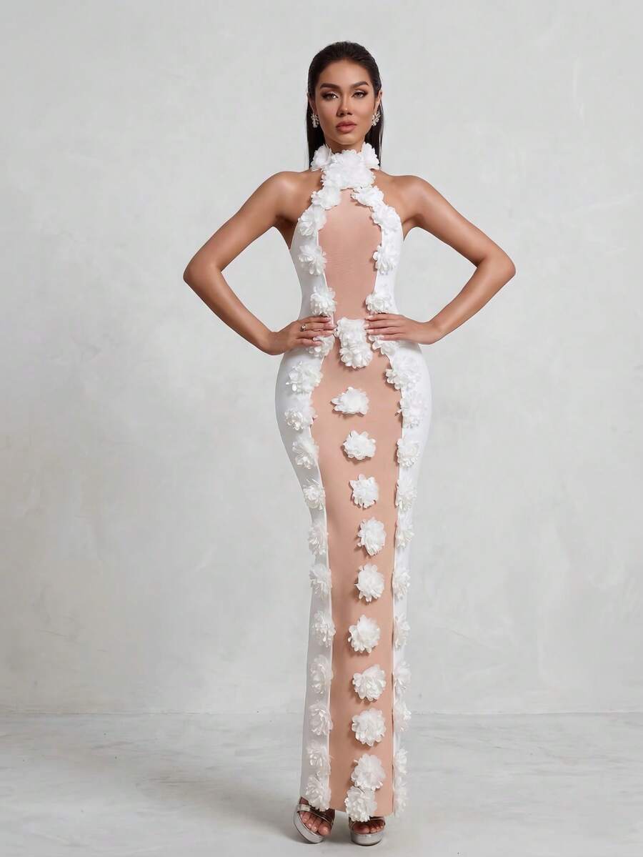 Elegant Sleeveless Halter Neck Long Floral Formal Gown For Cocktail Party - White - View 1