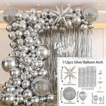 112 pièces Ensemble de ballons métalliques argentés, avec des ballons d'étoile d'explosion argentés de 22 pouces, des ballons en aluminium 4D disco, des ballons en latex métalliques argentés de 10/5 pouces. Convient pour les fêtes, les remises de diplômes, les anniversaires, les mariages, les carnavals, la décoration de la maison, la décoration de fond de pièce et les décorations de fête. - ensemble de ballons argentés - Voir 6