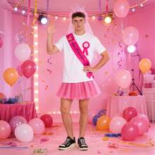 单人派对服装套装，包含粉色绶带、腰带、徽章、蓬蓬裙、皇冠头饰，男女皆宜，生日派对服装，搞笑礼物，选美角色扮演 - 玫紅色 - 查看 6