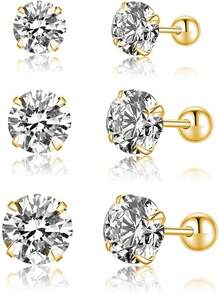 Round CZ Stud Earrings For Women, Screw Back Simulated Diamond Earrings Set, Elegant Pearl Earrings Style Wedding Jewelry For Brides Bridesmaids - 金色 - 查看 7