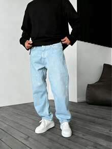 Men's Y2K Straight Leg Washed Casual Jeans, Minimalist Black Denim Pants - Light Wash - View 3
