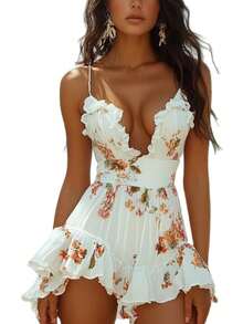 Short Dress With A Deep Neckline And Print For The Beach - 白色 - 查看 4