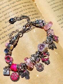 1pc Adorable Sparkling Zirconia Heart Charm Bracelet, Pink Glass Beaded Bracelet, Sweet Donut & Tram Number 21 Pendant DIY Bracelet, High-Quality Flirty Style Bracelet Gift For Friends - 銀色 - 查看 3