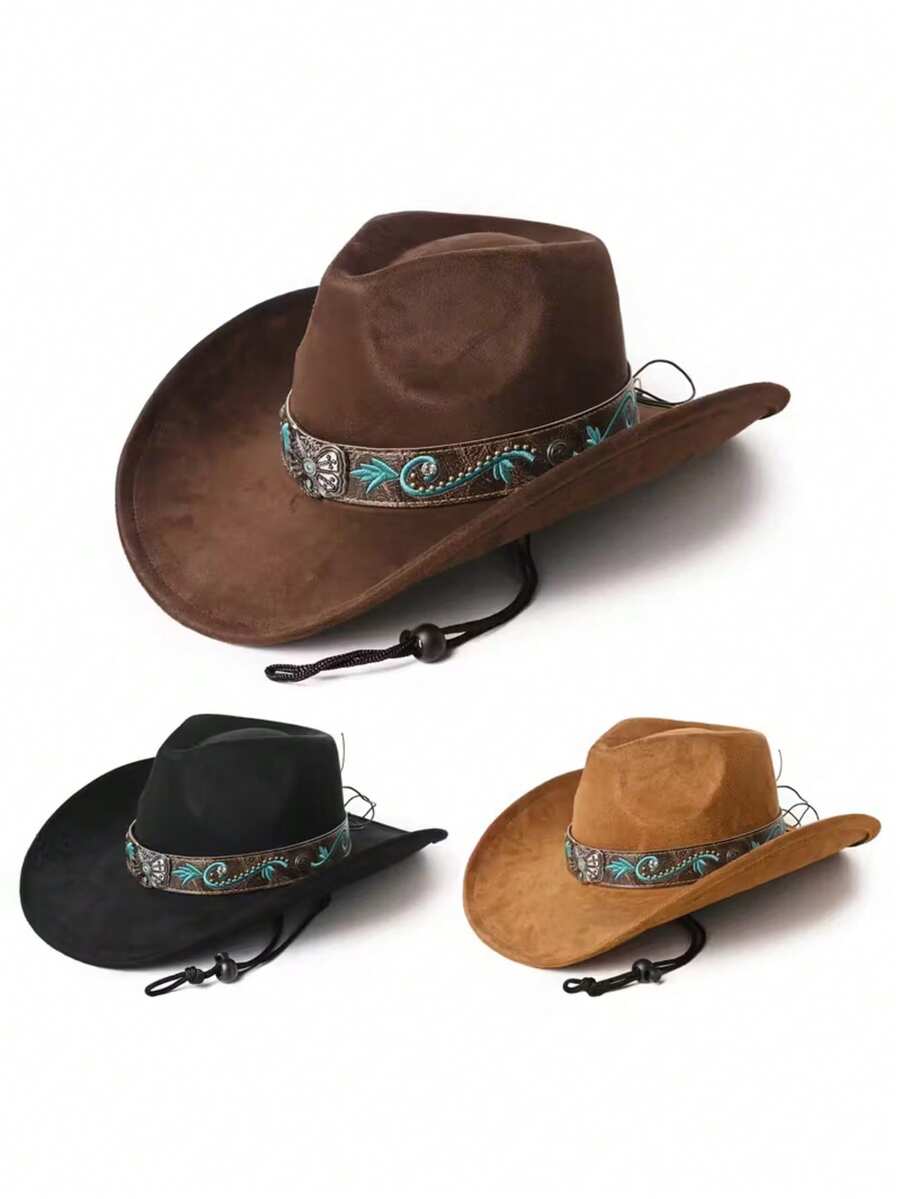 Un sombrero vaquero occidental de ante para hombres y mujeres, con bordado retro en verde esmeralda, diseño de ala ancha, correa ajustable en el ala, protección UV para uso al aire libre, adecuado para vacaciones, reuniones, actividades al aire libre y uso diario en la playa. - Sombrero de mariposa bordado en gamuza - Ver 1