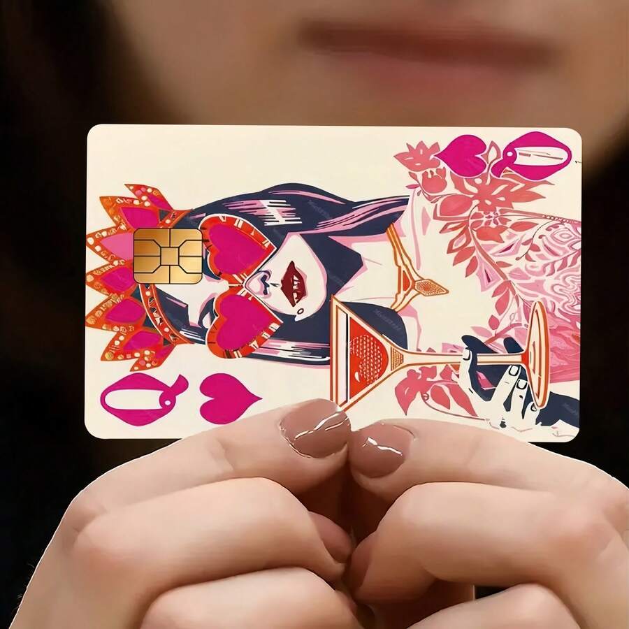 Pink Heart Queen Playing Card Design Credit Card Sticker, Suitable For EBT, Transportation, Keys, Credit Cards, Debit Cards, Bank Cards Protection, Bubble-Free, High Quality, Designed For Small Cards - A - View 1