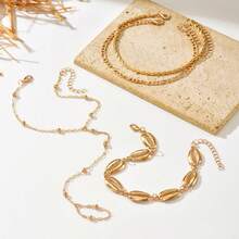 4 piezas Conjunto de tobilleras doradas con capas estilo bohemio para mujeres, cadena de pie con cuentas de concha cowrie, joyería de verano para playa y vacaciones - Dorado - Ver 5