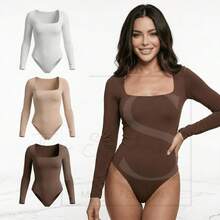 Kit 3 Women's Suplex Bodysuit Square Neckline Long Sleeve Lined Second Skin Premium Cold Blouse - BLANCO MARRÓN DESNUDO - Ver 1