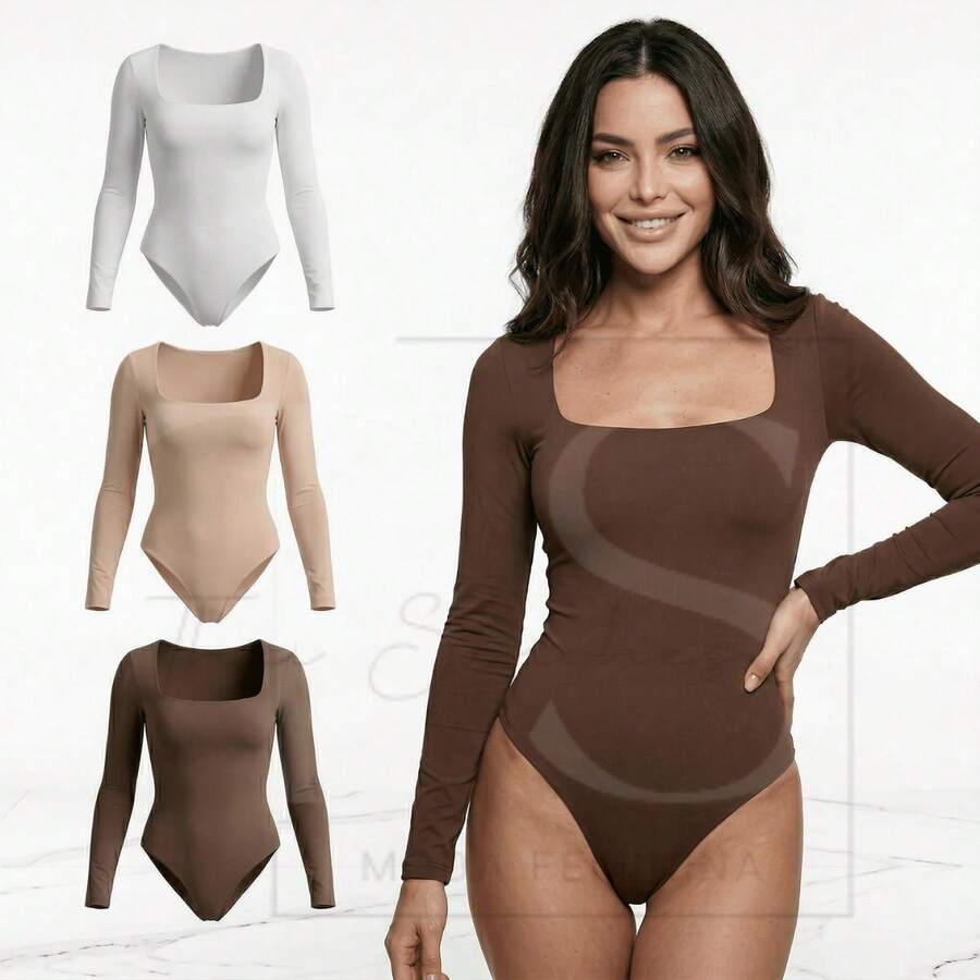 Kit 3 Women's Suplex Bodysuit Square Neckline Long Sleeve Lined Second Skin Premium Cold Blouse - BLANCO MARRÓN DESNUDO - Ver 1
