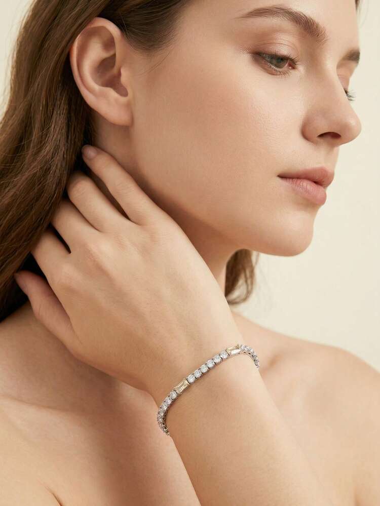 1 Set Luxury Elegant Cubic Zirconia Inlaid Rectangular Bracelet, Suitable For Women's Wedding & Party Wear, Excluding Gift Box - Yellow Gold - View 1