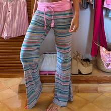 Womenacute;S Pants Retro Style 2000s Colourful Stripe Folded Waist Sweatpants - Hồng - Xem 1