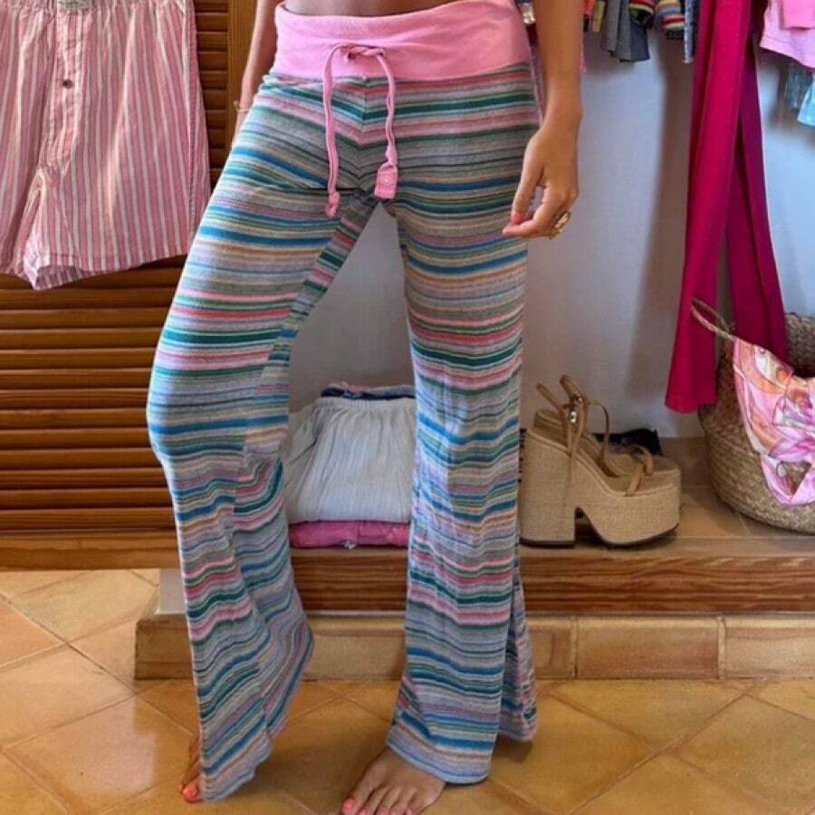 Womenacute;S Pants Retro Style 2000s Colourful Stripe Folded Waist Sweatpants - Hồng - Xem 1