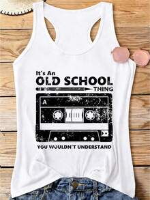 Women's It's An Old School Thing Cassette Tape Graphic Racerback Tank Top, 180G Vest Casual Summer Top, Vintage Mixtape Tees, Vacation Outfits, Summer - 白色11 - 查看 1