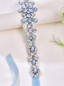 1 pièce Écharpe de robe de mariée, ceinture en satin à décoration de cristal bleu clair abordable, ceinture de taille royale, accessoire de mariage fait main, fine - ruban bleu clair - Voir 6
