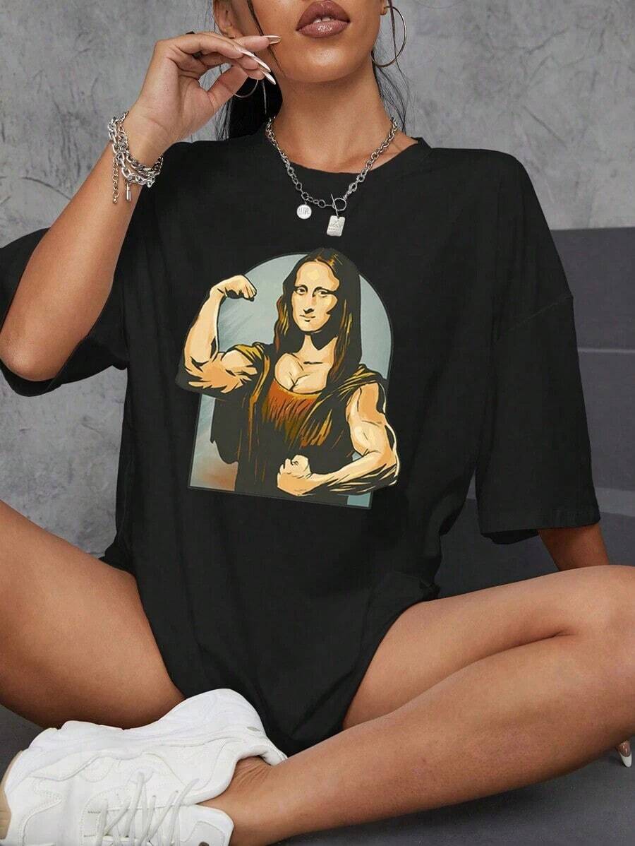 Camiseta de manga corta de escote redondo con hombros caídos y estampado de retrato de dibujos animados para mujeres - Negro - Ver 1
