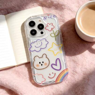 1 chiếc ốp lưng điện thoại trong suốt, mềm mại, họa tiết sóng Dopamine, chất liệu TPU, vẽ tay hình gấu và trái tim dễ thương, tương thích với Apple 17 Promax 17Air 17Pro 17 16 Promax 16 Plus 16 Pro 16 15Promax 15 Plus 15Pro 15 14Promax 14Plus 14 Pro 14 13Promax 13 Pro 13 12Promax 12Pro 11 Promax 11 Pro 11 XSMAX XR X/XS 7Plus 8Plus/Galaxy S21 S22 S23 S24 S25 S26