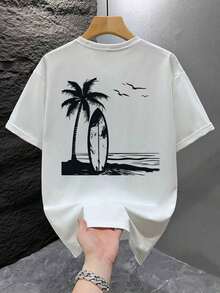 1 pieza Camiseta de hombre con estampado gráfico, ropa de playa de verano, camiseta de manga corta de corte holgado. Esta camiseta de hombre tiene un diseño casual y de estilo vacacional, muy adecuada para escapadas a la playa, así como para uso diario. - Blanco - Ver 2