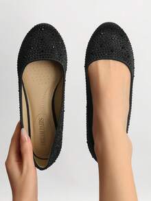 Women's Rhinestone Ballet Flats Glitter Slip-On Elegant Comfortable Round Toe Solid Color Valentines Party Wedding Shoes - Black - View 2