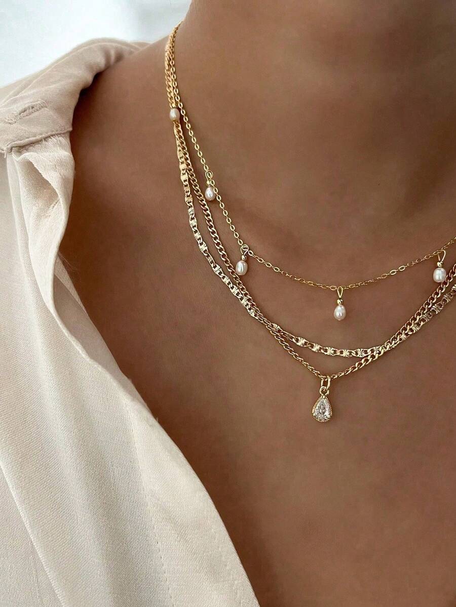 1pc Elegant Minimalist Faux Pearl Pendant Multilayer Necklace, Suitable For Women's Daily Wear - Vàng - Xem 1
