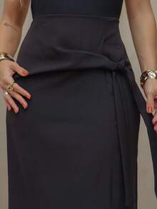 Women's Casual Wrap Skirt In Solid Color With Drawstring, Spring/Summer/M5509 - Pure Black - View 4