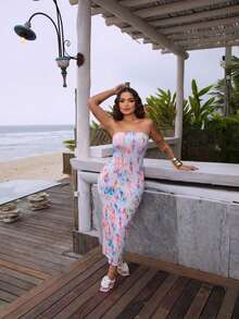 Women's Long Midi Dress With Slit, Strapless, Tie-Dye Print, Liz - 白色 - 查看 2