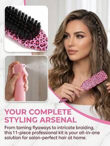 1/6/11pcs Pink Leopard Print Hair Styling Tool Set, Including Comb, Foldable Air Cushion Brush, Spray Bottle, Hair Clips And Hair Ties, Minimalist Y2K Style Unisex Daily Styling, Travel And Salon Essential, Hair Styling Tools, Hair Accessories, Salon Travel Must-Have Hair Products, Hair Care, Curling Brush, Beach Supplies, Summer, Mother's Day Gift, Holiday Essential, Summer Accessory, Gift For Millennial Women - Multicolor - View 8