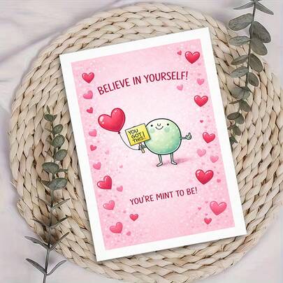 1pc "You're Mint To Be!" Cute Mint Pun Encouragement Greeting Card With Envelope- "BELIEVE IN YOURSELF! YOU'RE MINT TO BE!" Design, Adorable Cartoon Mint Character With Heart Balloon Art On Pink Background, Perfect For Friends & Loved Ones, Ideal For Encouragement & Motivational Celebrations, Mint Pun Card|Encouragement Greeting Card|Paper Greeting Card, Uplifting Gift