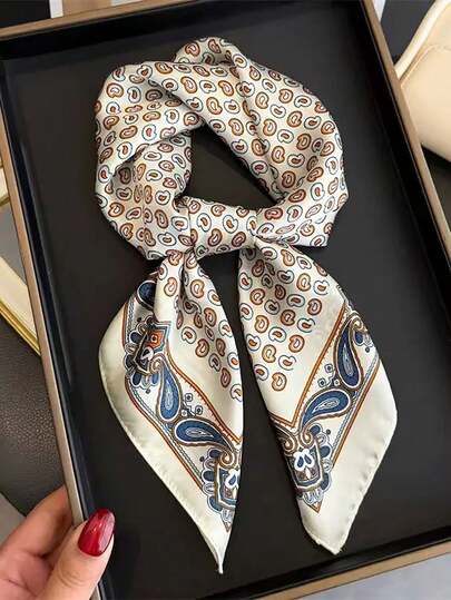 1pc Women's Elegant Retro Floral Print Thin Satin Square Scarf, Casual Polyester Fabric