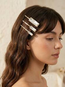 3/6 piezas Pasadores de pelo geométricos rectangulares minimalistas franceses, con rhinestones brillantes, set de pasadores de pelo elegantes y versátiles para fiestas y uso diario, accesorios para el cabello, viajes, cumpleaños - Dorado - Ver 4