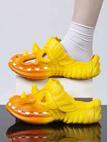 Novelty Dinosaur Shaped Men's Breathable Sandals | Cartoon 3D Dinosaur Design | Durable Thick-Sole Clogs | Suitable For Indoor, Outdoor, Beach, Vacation Casual Wear | Men's Slip-On Slippers | Summer Flip Flops | Comfortable Unisex Sandals - Yellow - View 3