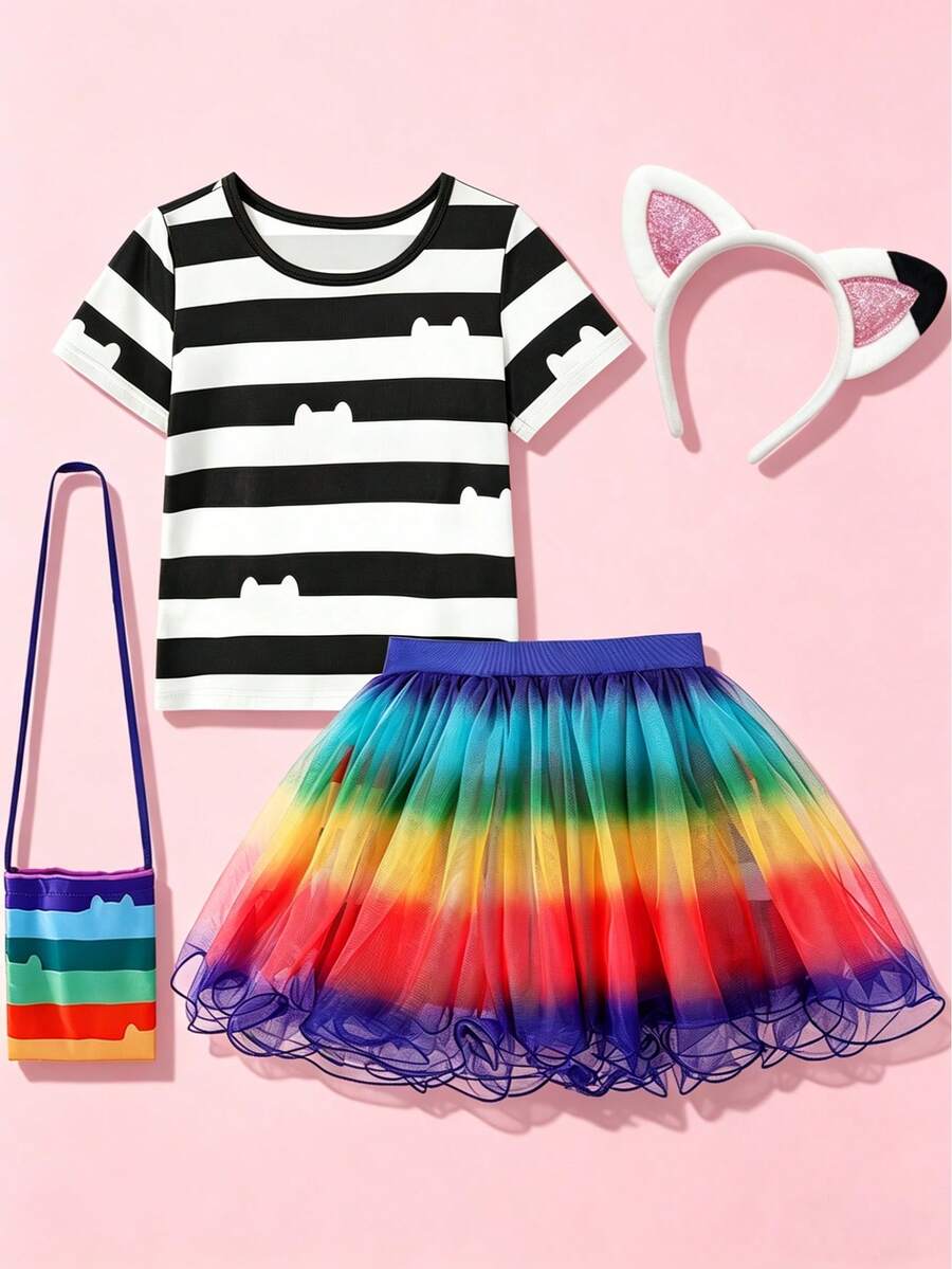 Summer Toddler Girls' Rainbow Tulle Dress Set With Headband And Tote Bag, Suitable For Halloween, Christmas, Carnival, Cosplay, Birthday Party. Dress Color Is Random.