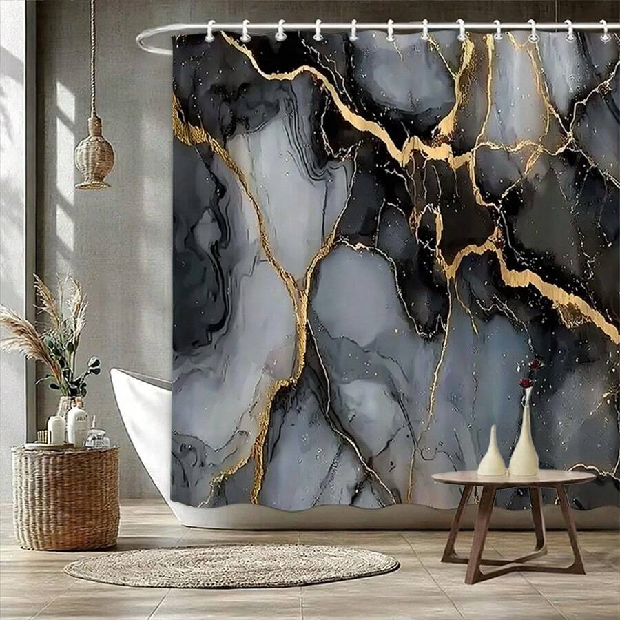 1件灰色和金色大理石纹图案浴帘，现代奢华抽象设计，适用于浴室浴缸，防水面料，带挂钩