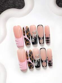 10pcs Y2K Baddie Style Polygonal Gel Nail Kit, Acrylic Pressed Nails, Silver Star Chain Nail Decor With Small Rhinestones, Nude Pink Base With Leopard Print And Black/Pink Block Nail Art, Pink, Black, Brown Nail Polish, Includes Nail Tools (1 Jelly Sticker + 1 Nail File) 3 Sizes Available: Almond, Duck, Coffin Nails, Suitable For Daily Wear, Dates, Sexy Outfits, Parties, Great Gift For Women And Girls - Multicolor - View 4