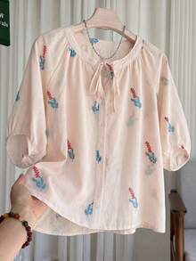 Summer Floral Chiffon Blouse For Mom, Tie Neck Front Button Design, Suitable For Vacation, Daily Wear And Family Gatherings - Beige - View 4