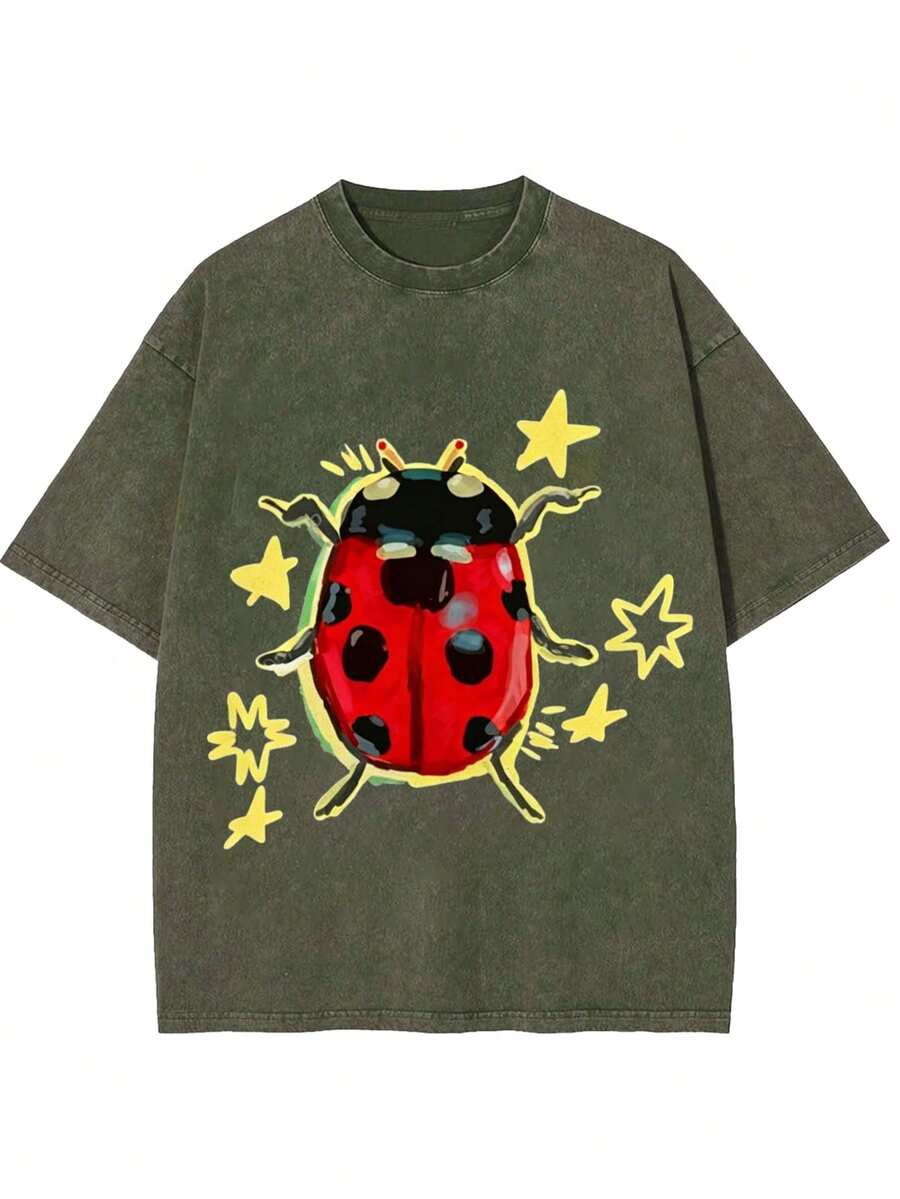 Washed Purple Women Tops, Ladybug Printed T-Shirts Under The Stars, High-Quality Vintage Fashion Brand T-Shirts, Ladies' Summer T-Shirts, Perfect Gifts For Mother's Day, Father's Day And Easter.Mother's Day Gift Outfits,Summer Cool Graphic Tee,World Cup Clothing,Unisex Vintage Washed Distressed Tee,Suitable For Men And Women. - 綠色 - 查看 1