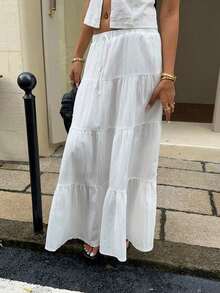 Women's Casual Vacation Multi-Layer Cake Skirt, Suitable For Summer White Boho Maxi Skirt Suitable For Going Out Chic Dress - 白色 4 - 查看 5