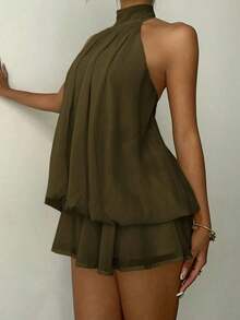 Vestido mini elegante de mujer con cuello halter y lazo en color amarillo claro - Verde militar - Ver 3
