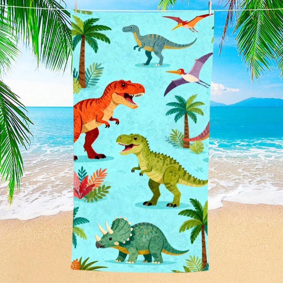 1pc Dinosaur Illustration Beach Towel, Super Soft Fiber Extra Large Beach Blanket, Super Absorbent Bath Towel, Suitable For Travel, Swimming Pool, Diving, Surfing, Yoga, Camping, Available In Multiple Sizes, Beach Accessories For Beach, Pool, Travel, Camping, Yoga - Dinosaur - View 1