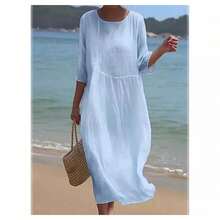 Women's Casual Long Cotton And Linen Dress - Pink - View 2