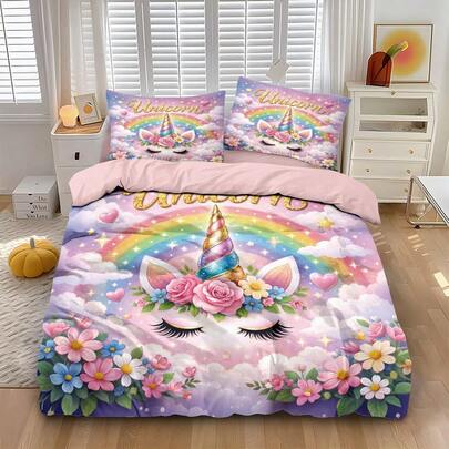 3pcs Colorful Cute Cartoon Girl Style Bedding Set, 1 Duvet Cover And 2 Pillowcases (No Filler), High Definition Printing, 100% Polyester Fabric, Oversized Double Bed Size, Soft And Comfortable, Zipper Closure, Machine Washable, Suitable For Home Bedroom, Guest Room, Travel Camping And Dormitory