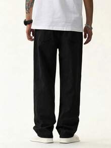 1pc Justice Brother Casual Loose Fit Washed Straight Leg Jeans, Korean Style Versatile Streetwear For Men - Black - View 4