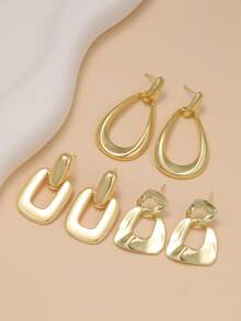 3 Pairs Fashionable Stainless Steel C-Shaped Spiral Textured Clip-On Earrings Set For Women - Yellow Gold - View 2