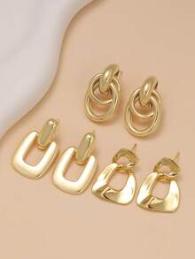 3 pares de pendientes de clip en espiral lisos de acero inoxidable con forma de C de moda para mujeres - Amarillo Oro - Ver 2