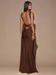 Vestido de tirantes con escote en V profundo y espalda descubierta, de unicolor amarillo/crema, estilo minimalista y sexy, adecuado para fiestas, eventos de cóctel, ocasiones formales, vestidos de dama de honor, vestidos de cumpleaños, vestido de satén amarillo, Navidad, banquetes, casual de negocios - Café integral - Ver 6