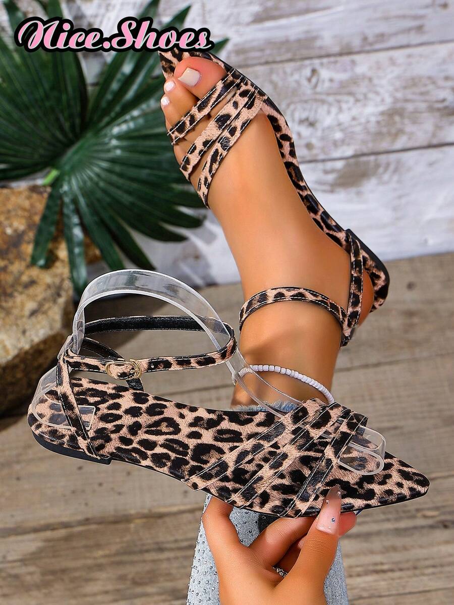 New Summer Pointed Toe Multi-Strap Buckle Ankle Strap Design Sandals, French Elegant Style For Daily, Commute, Date, Red, Burgundy, Black, Gold - Brown Leopard Print - View 1