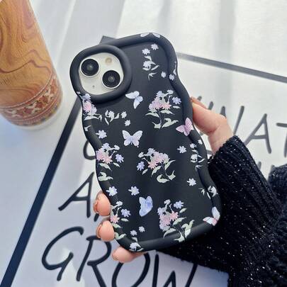 1pc Pastel Purple Butterfly & Leaf Floral Embossed Minimalist Chinese Style Matte Black, Macaron Colors Full Coverage Anti-Drop Soft Wave Cream Style Phone Case, [International Version Not Domestic], Compatible With Android//Galaxy/A/S/FE/Plus/Ultra///Pro/Note/Poco/X///Hot/Play/Spark/Pop/Smart//Reno//Honor//E/G/
